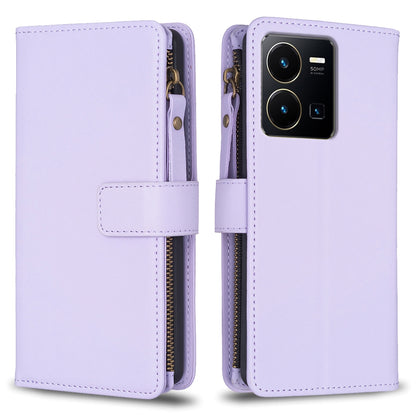 vivo Y35 4G Leather Flip Phone Case with 9 Card Slots, Zipper Wallet & Detachable Wristlet Strap