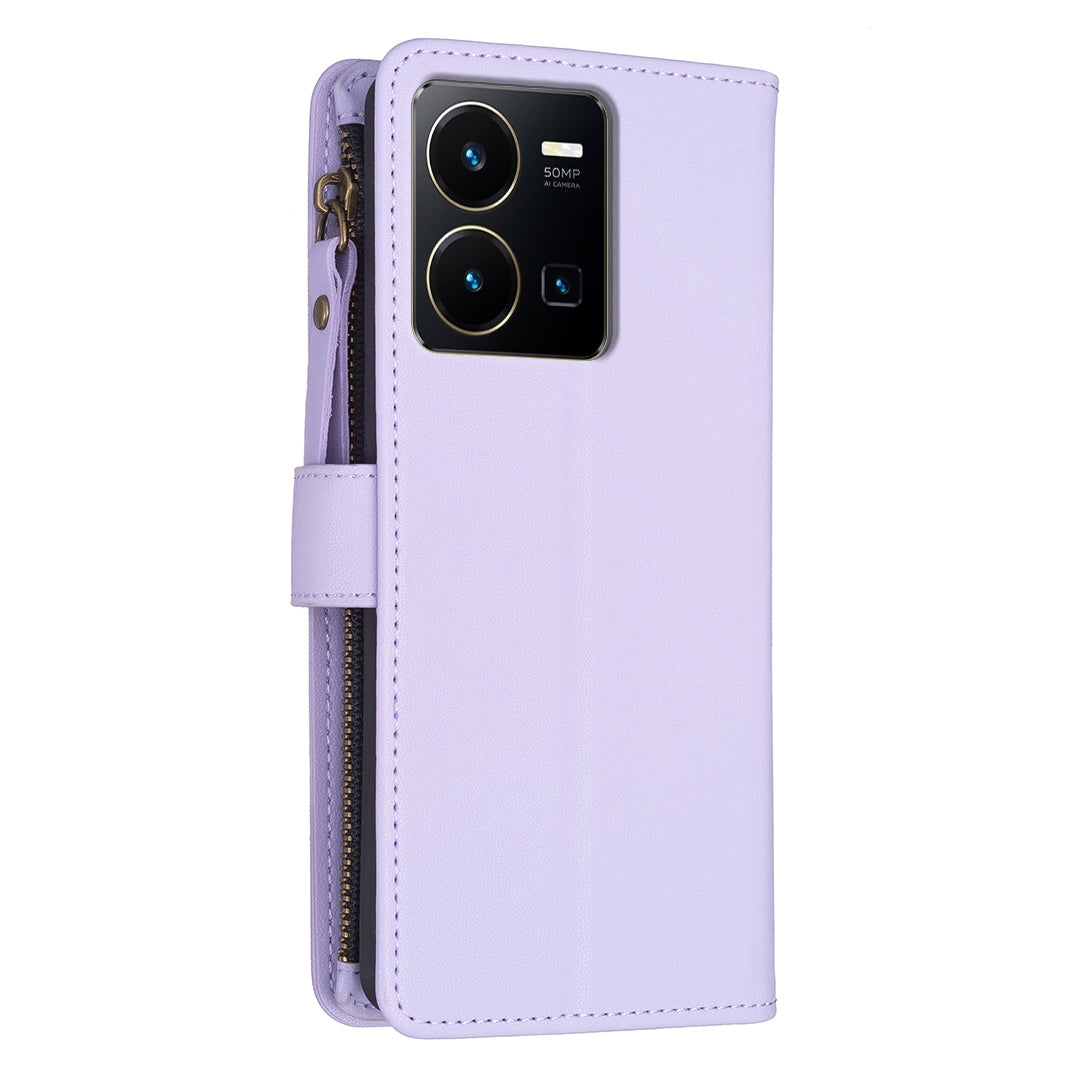 vivo Y22s Leather Flip Phone Case with 9 Card Slots, Zipper Wallet & Detachable Wristlet Strap