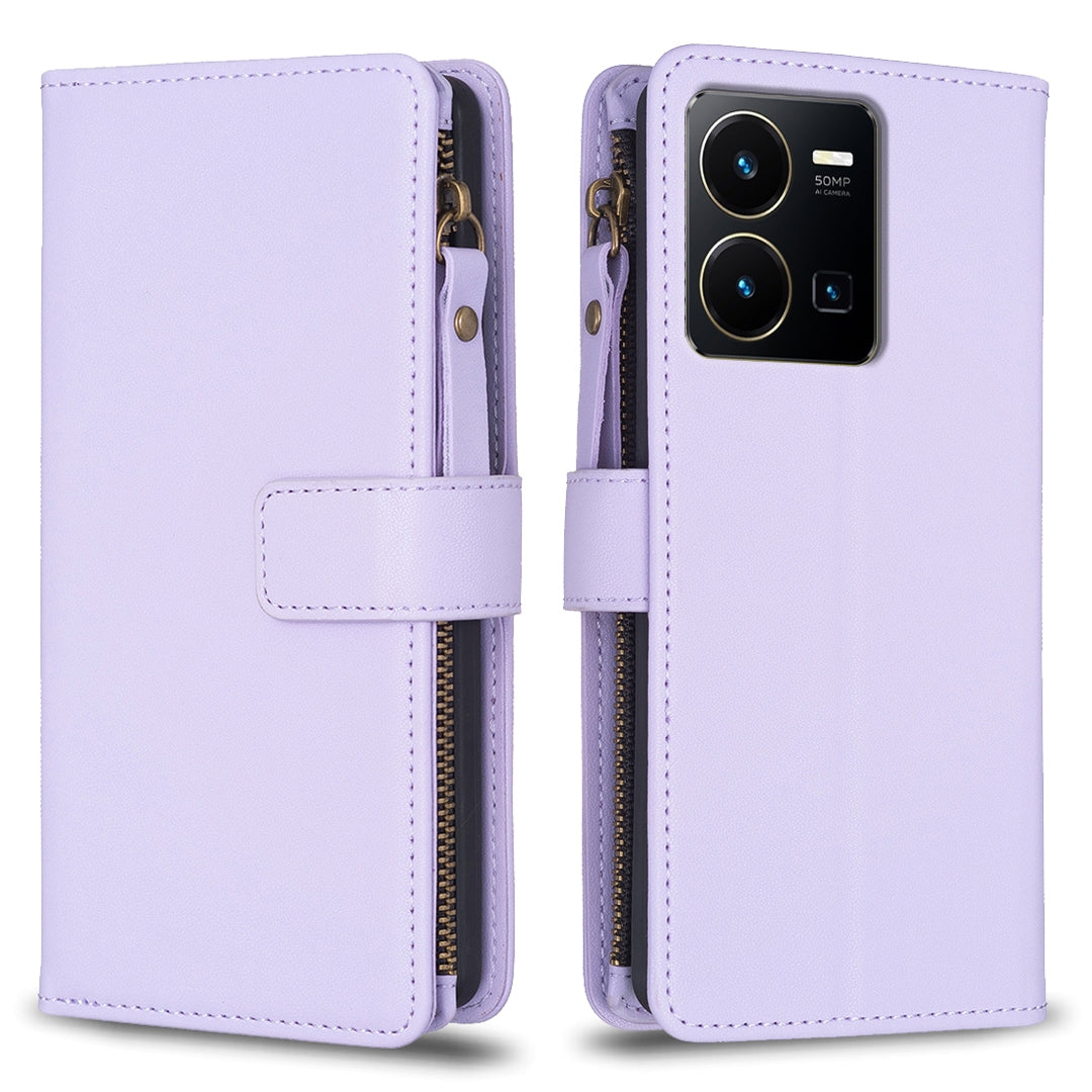 vivo Y22s Leather Flip Phone Case with 9 Card Slots, Zipper Wallet & Detachable Wristlet Strap