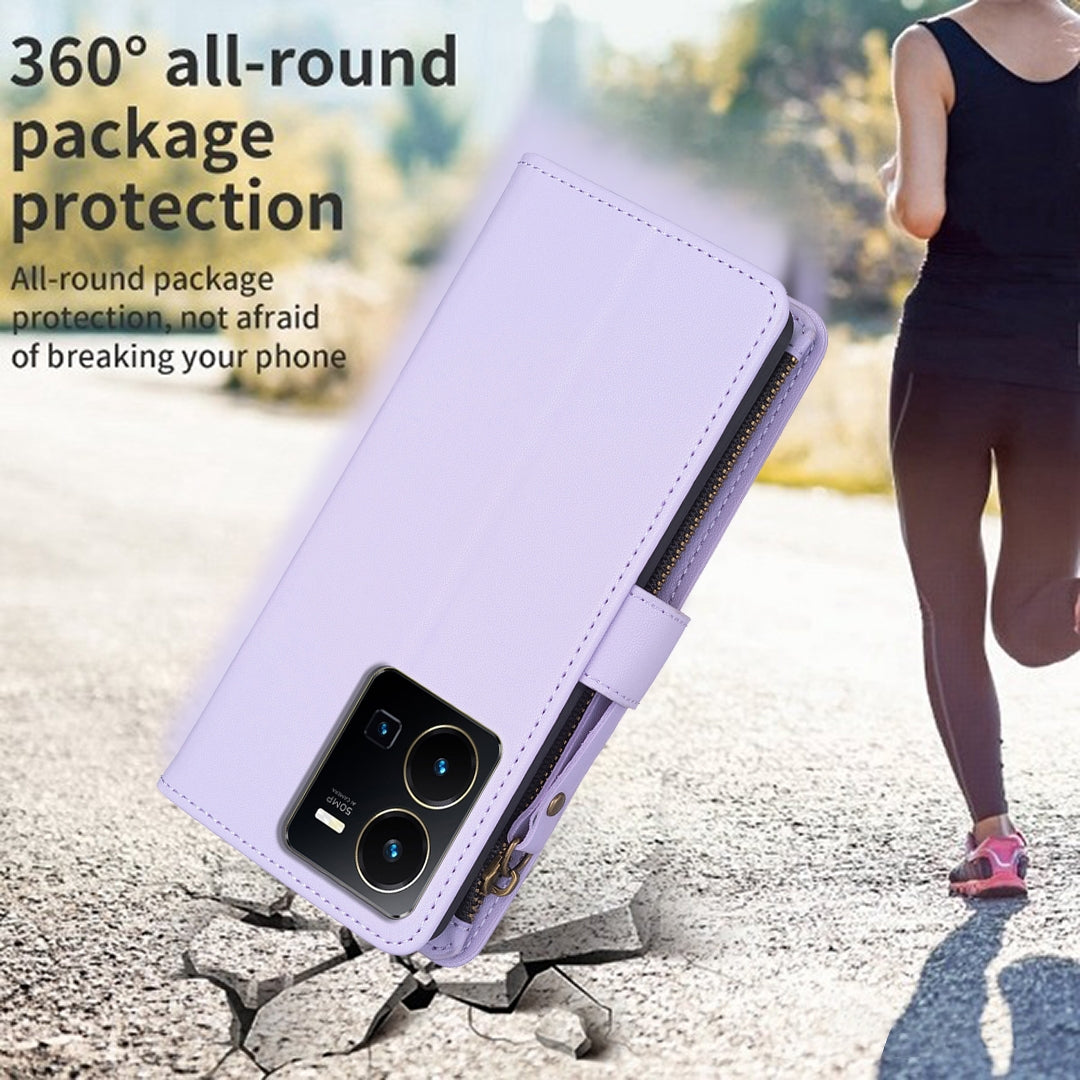 vivo Y35 4G Leather Flip Phone Case with 9 Card Slots, Zipper Wallet & Detachable Wristlet Strap