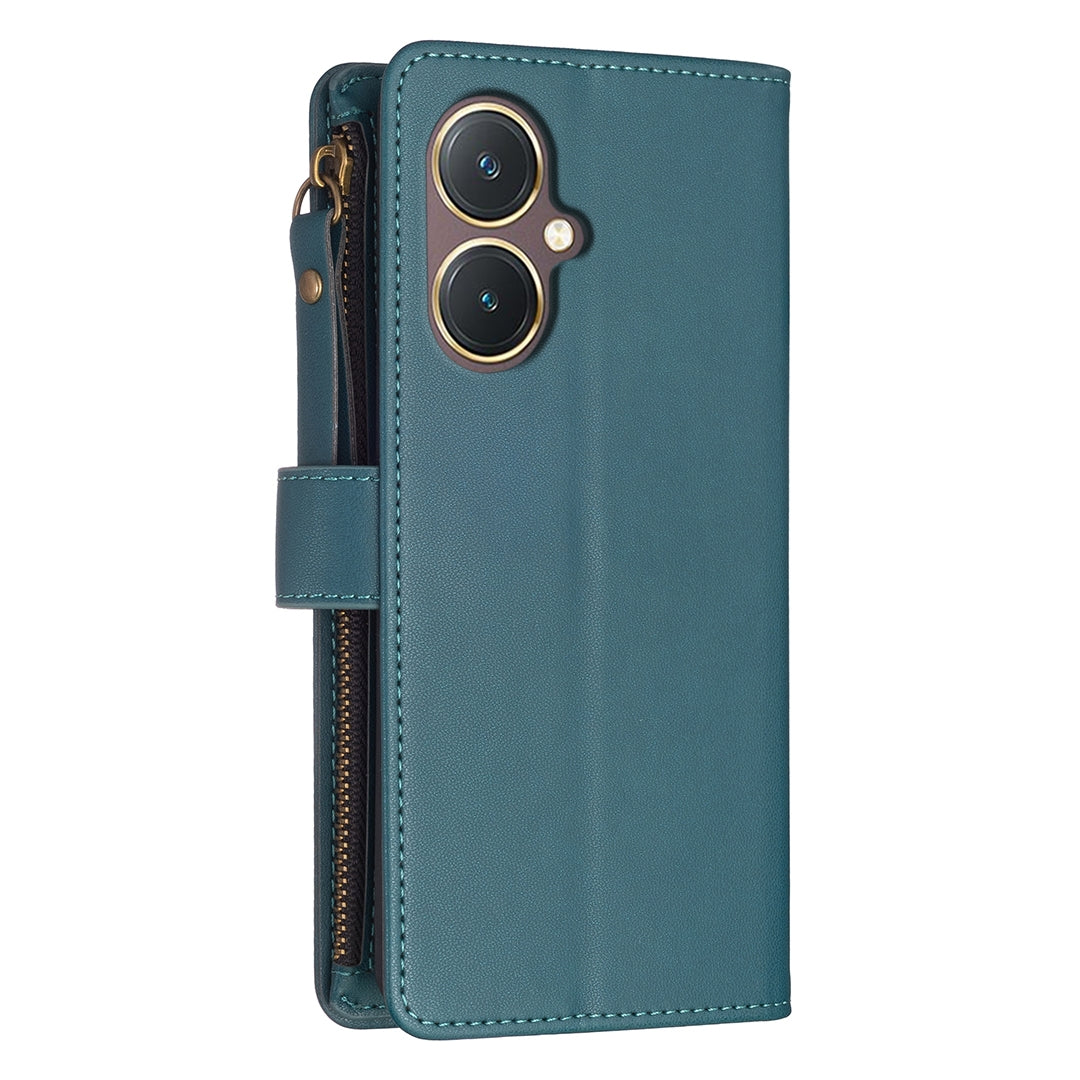 vivo Y27 4G Leather Flip Phone Case with 9 Card Slots, Zipper Wallet & Detachable Wristlet Strap