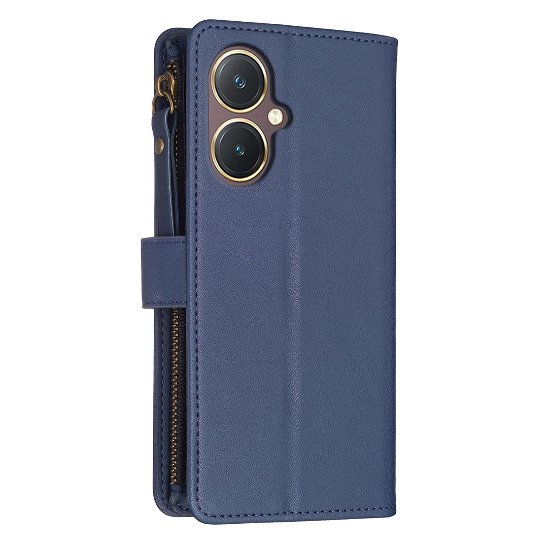 vivo Y27 4G Leather Flip Phone Case with 9 Card Slots, Zipper Wallet & Detachable Wristlet Strap