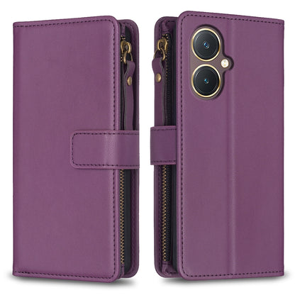 vivo Y27 4G Leather Flip Phone Case with 9 Card Slots, Zipper Wallet & Detachable Wristlet Strap