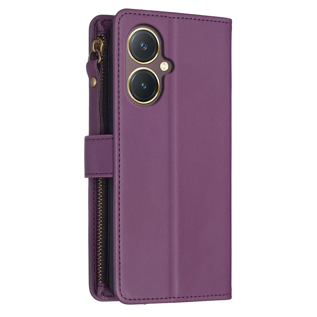 vivo Y27 4G Leather Flip Phone Case with 9 Card Slots, Zipper Wallet & Detachable Wristlet Strap