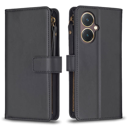 vivo Y27 4G Leather Flip Phone Case with 9 Card Slots, Zipper Wallet & Detachable Wristlet Strap