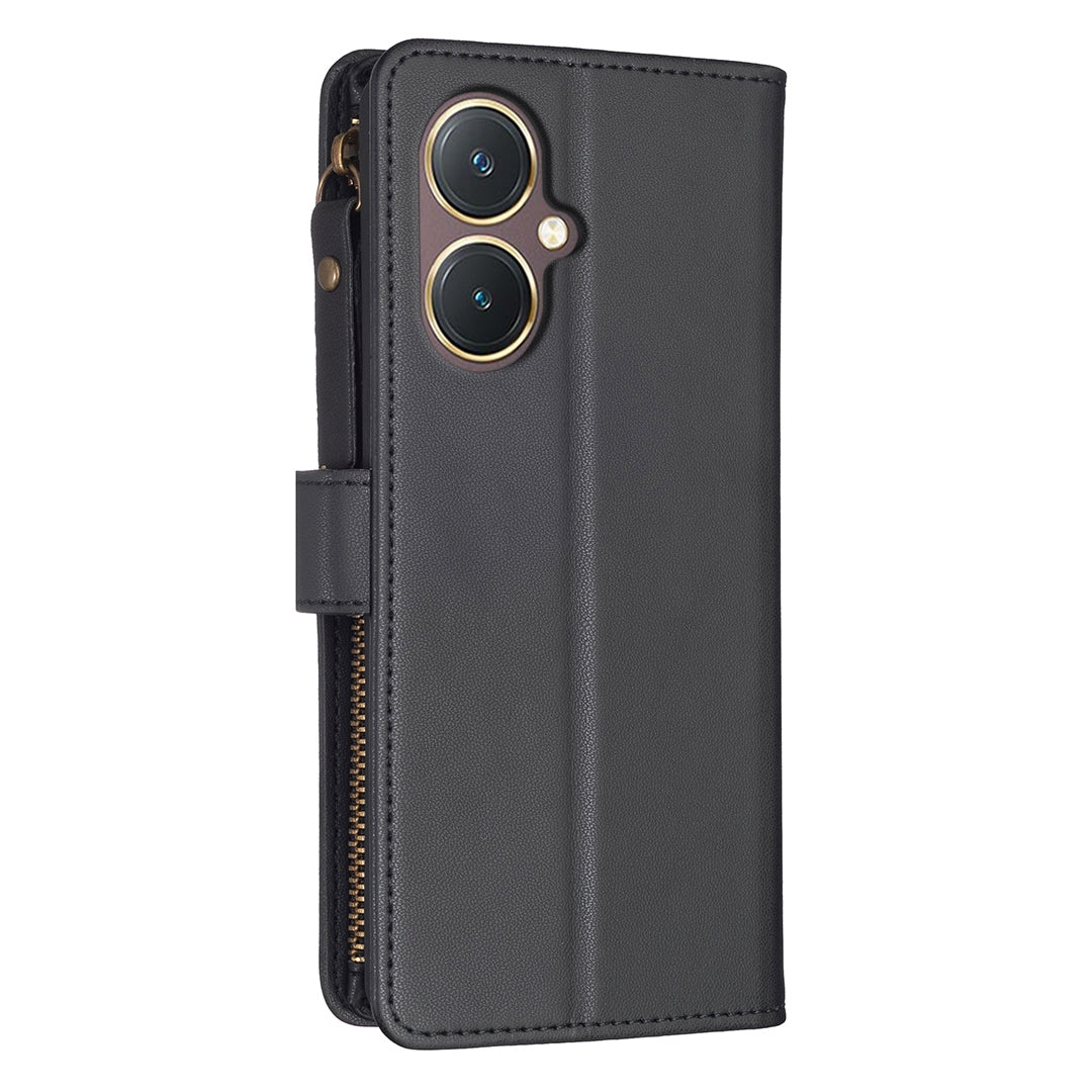 vivo Y27 4G Leather Flip Phone Case with 9 Card Slots, Zipper Wallet & Detachable Wristlet Strap
