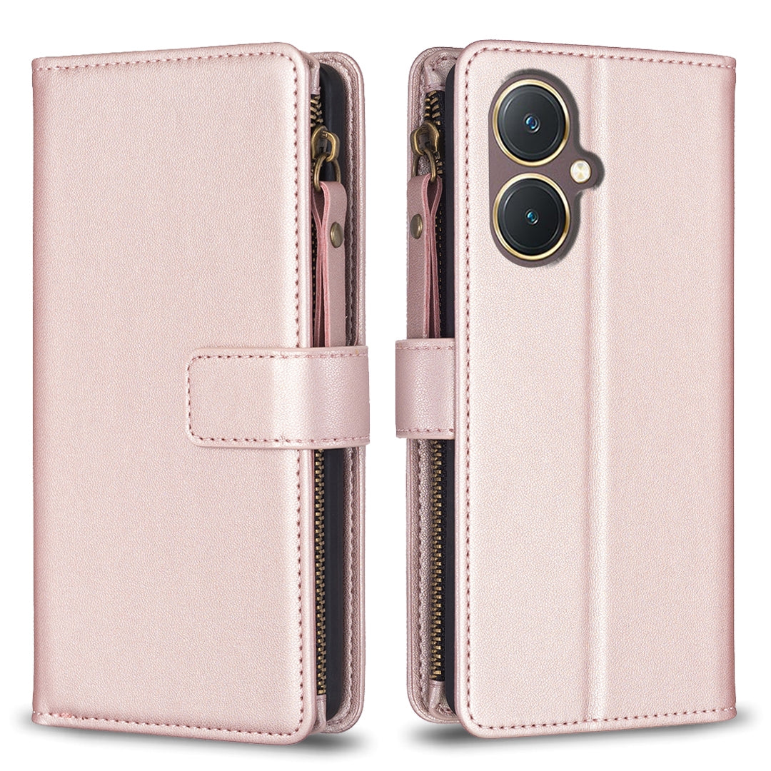 vivo Y27 4G Leather Flip Phone Case with 9 Card Slots, Zipper Wallet & Detachable Wristlet Strap