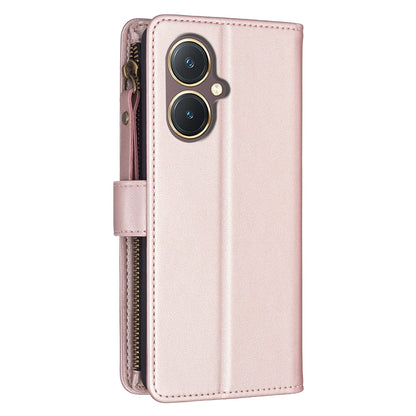 vivo Y27 4G Leather Flip Phone Case with 9 Card Slots, Zipper Wallet & Detachable Wristlet Strap