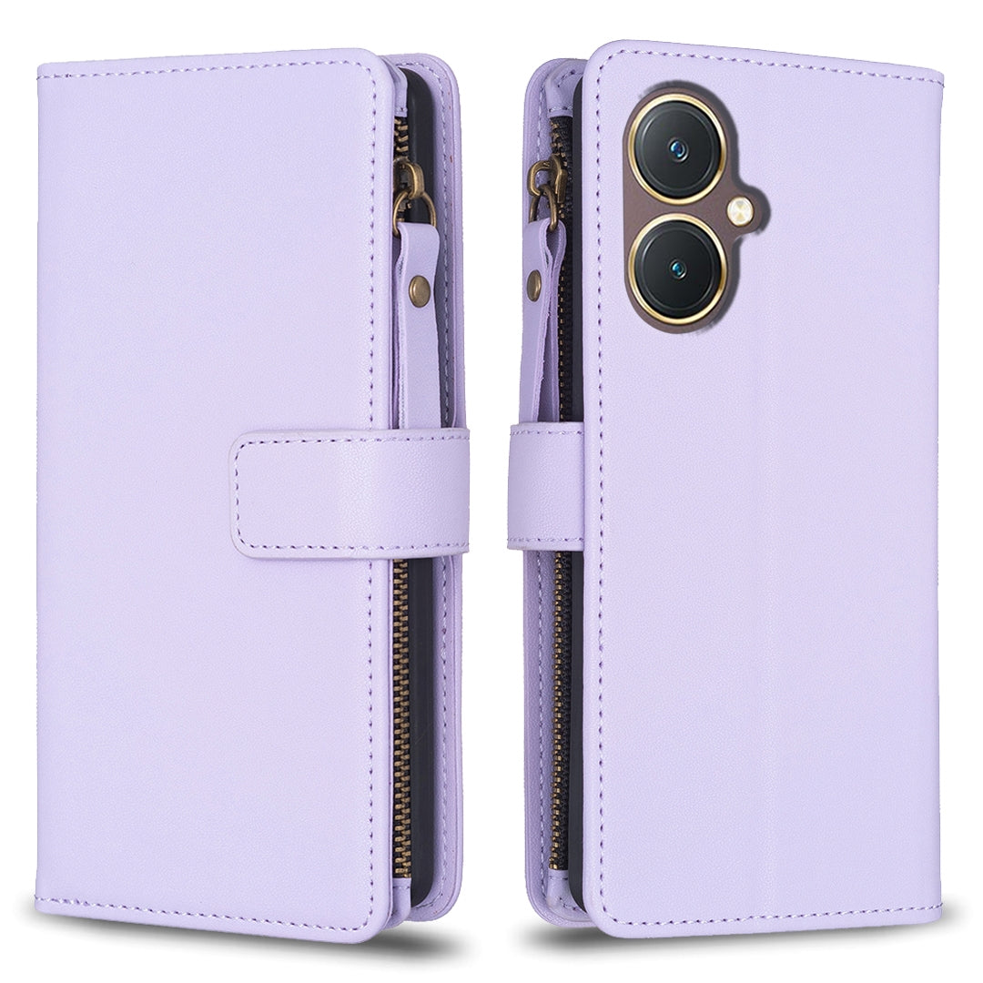 vivo Y27 4G Leather Flip Phone Case with 9 Card Slots, Zipper Wallet & Detachable Wristlet Strap