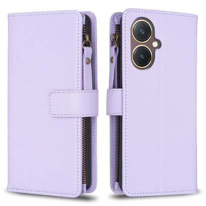 vivo Y27 4G Leather Flip Phone Case with 9 Card Slots, Zipper Wallet & Detachable Wristlet Strap