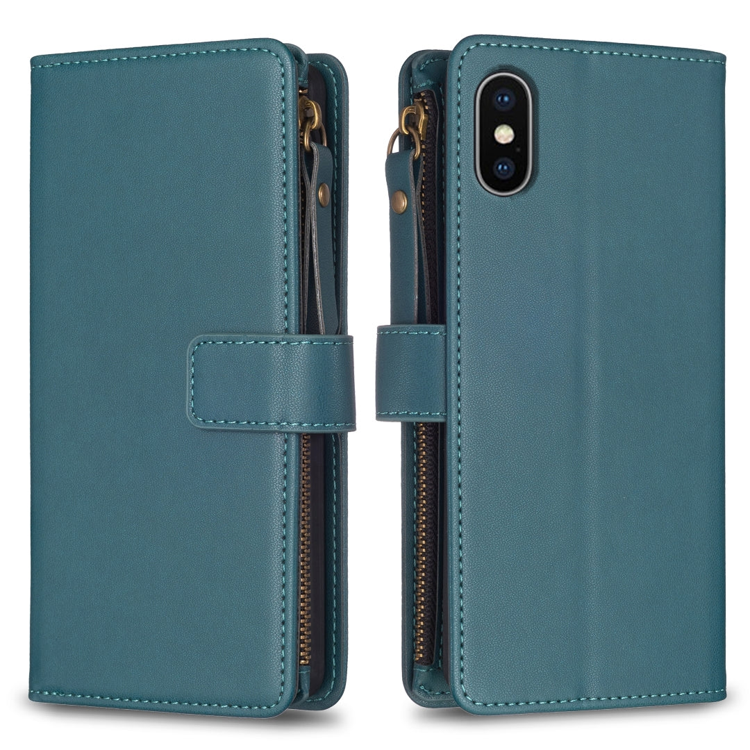 iPhone X Leather Flip Phone Case with 9 Card Slots, Zipper Wallet & Detachable Wristlet Strap