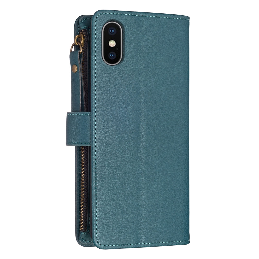 iPhone XS Leather Flip Phone Case with 9 Card Slots, Zipper Wallet & Detachable Wristlet Strap