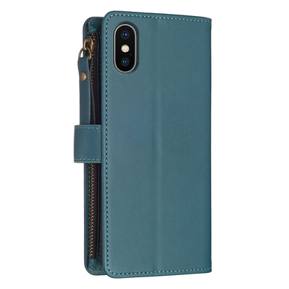 iPhone XS Leather Flip Phone Case with 9 Card Slots, Zipper Wallet & Detachable Wristlet Strap