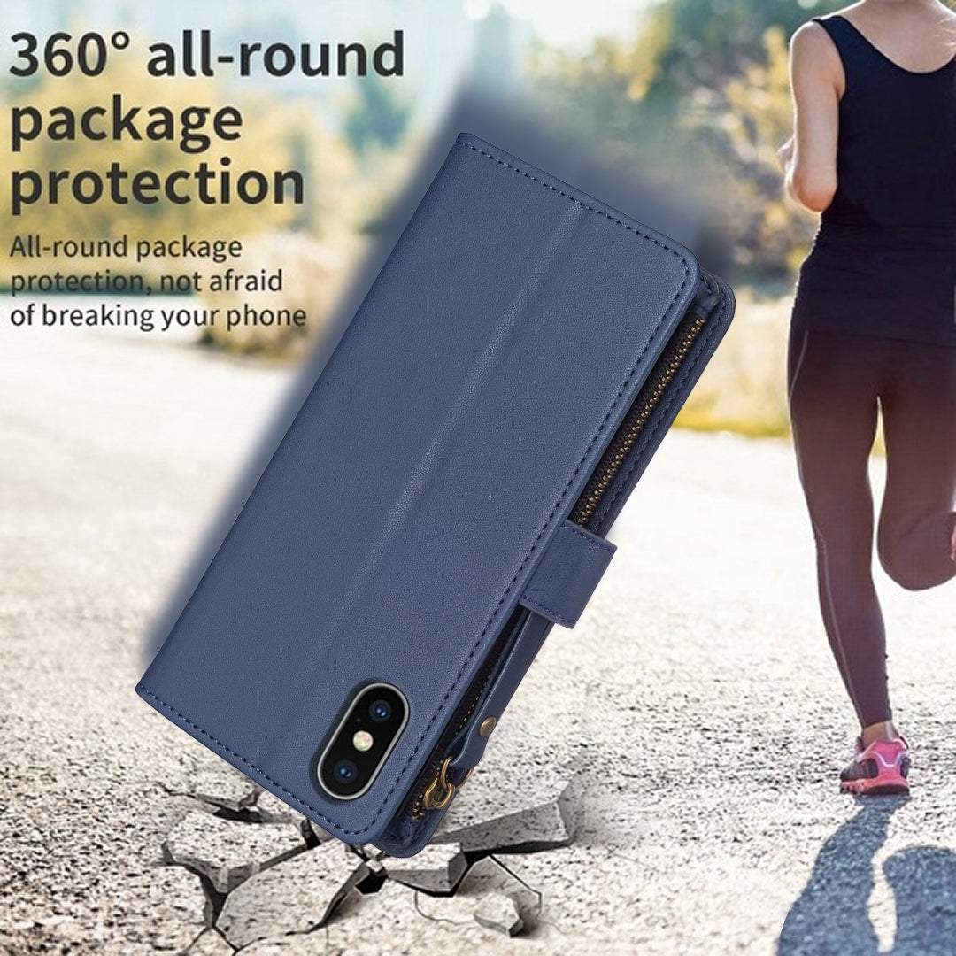 iPhone X Leather Flip Phone Case with 9 Card Slots, Zipper Wallet & Detachable Wristlet Strap