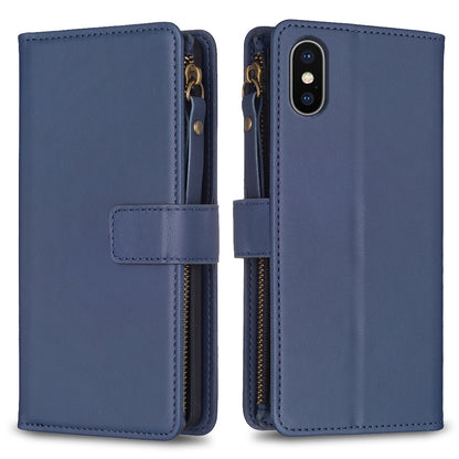 iPhone XS Leather Flip Phone Case with 9 Card Slots, Zipper Wallet & Detachable Wristlet Strap