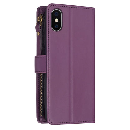 iPhone XS Leather Flip Phone Case with 9 Card Slots, Zipper Wallet & Detachable Wristlet Strap