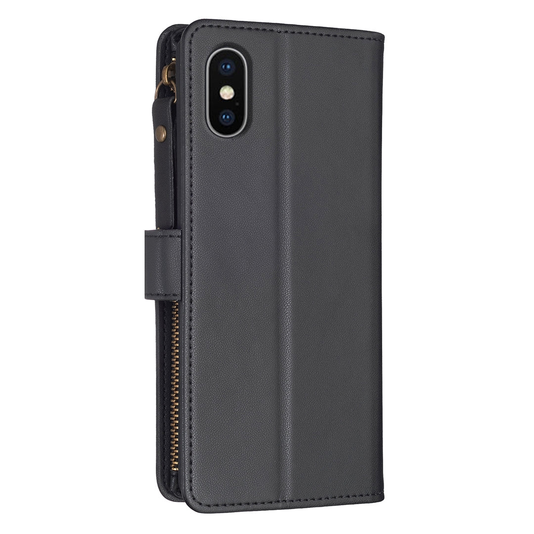 iPhone XS Leather Flip Phone Case with 9 Card Slots, Zipper Wallet & Detachable Wristlet Strap