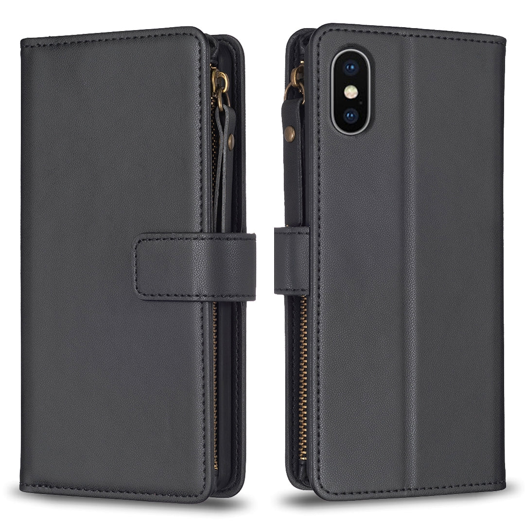 iPhone XS Leather Flip Phone Case with 9 Card Slots, Zipper Wallet & Detachable Wristlet Strap