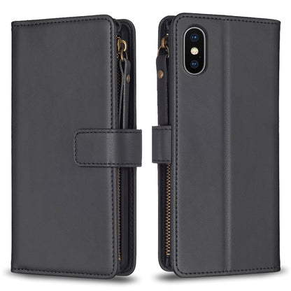iPhone XS Leather Flip Phone Case with 9 Card Slots, Zipper Wallet & Detachable Wristlet Strap