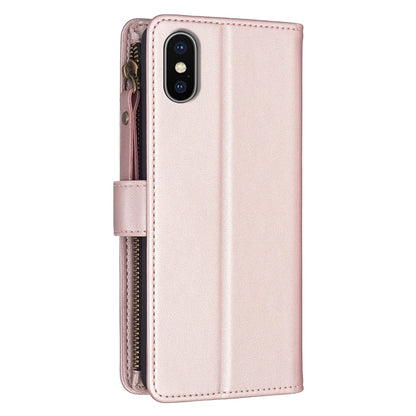 iPhone X Leather Flip Phone Case with 9 Card Slots, Zipper Wallet & Detachable Wristlet Strap