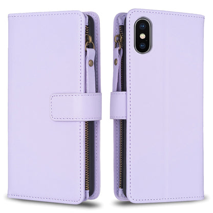 iPhone X Leather Flip Phone Case with 9 Card Slots, Zipper Wallet & Detachable Wristlet Strap