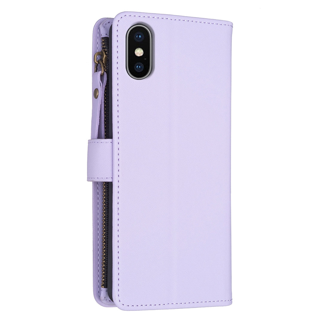 iPhone XS Leather Flip Phone Case with 9 Card Slots, Zipper Wallet & Detachable Wristlet Strap