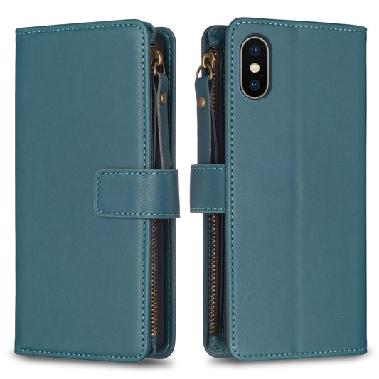 iPhone XS Max Leather Flip Phone Case with 9 Card Slots, Zipper Wallet & Detachable Wristlet Strap