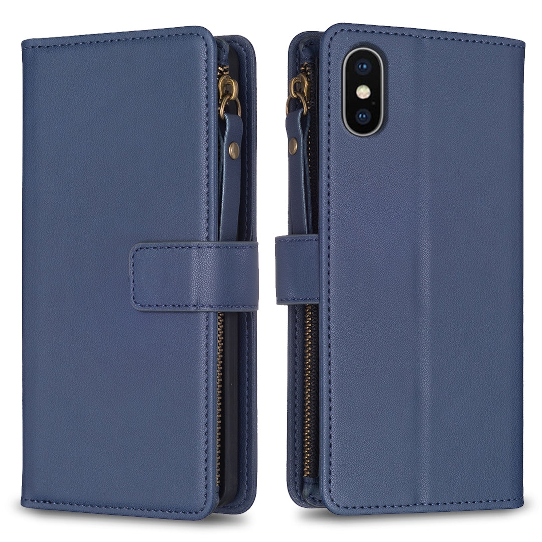 iPhone XS Max Leather Flip Phone Case with 9 Card Slots, Zipper Wallet & Detachable Wristlet Strap