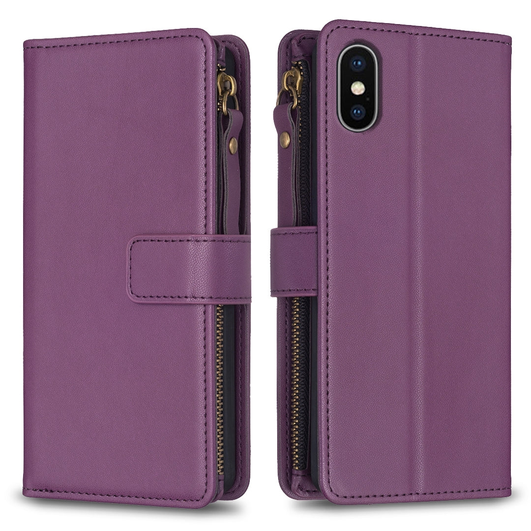 iPhone XS Max Leather Flip Phone Case with 9 Card Slots, Zipper Wallet & Detachable Wristlet Strap