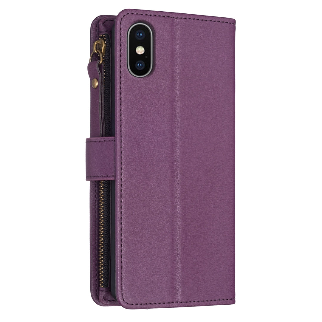 iPhone XS Max Leather Flip Phone Case with 9 Card Slots, Zipper Wallet & Detachable Wristlet Strap
