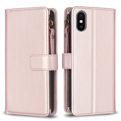 iPhone XS Max Leather Flip Phone Case with 9 Card Slots, Zipper Wallet & Detachable Wristlet Strap