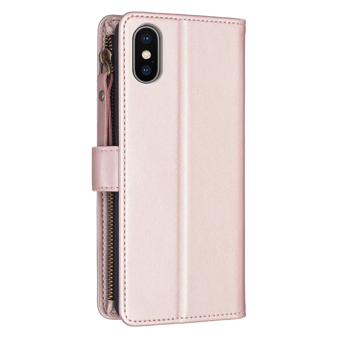iPhone XS Max Leather Flip Phone Case with 9 Card Slots, Zipper Wallet & Detachable Wristlet Strap