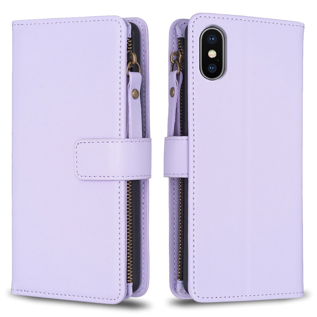 iPhone XS Max Leather Flip Phone Case with 9 Card Slots, Zipper Wallet & Detachable Wristlet Strap
