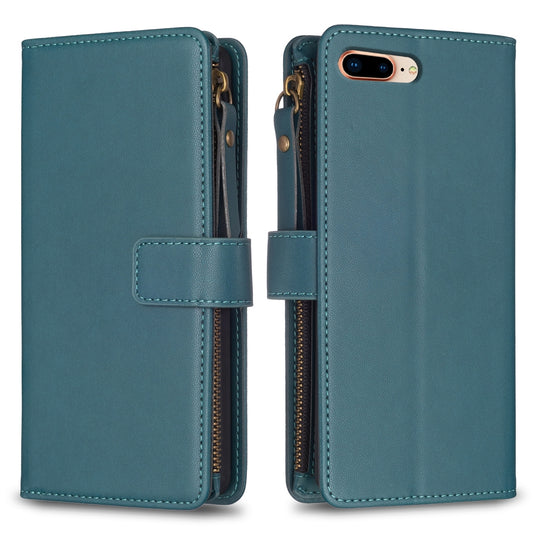 iPhone 7 Plus Leather Flip Phone Case with 9 Card Slots, Zipper Wallet & Detachable Wristlet Strap