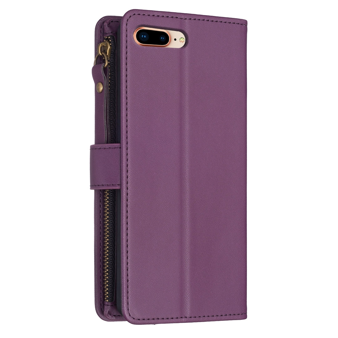 iPhone 7 Plus Leather Flip Phone Case with 9 Card Slots, Zipper Wallet & Detachable Wristlet Strap