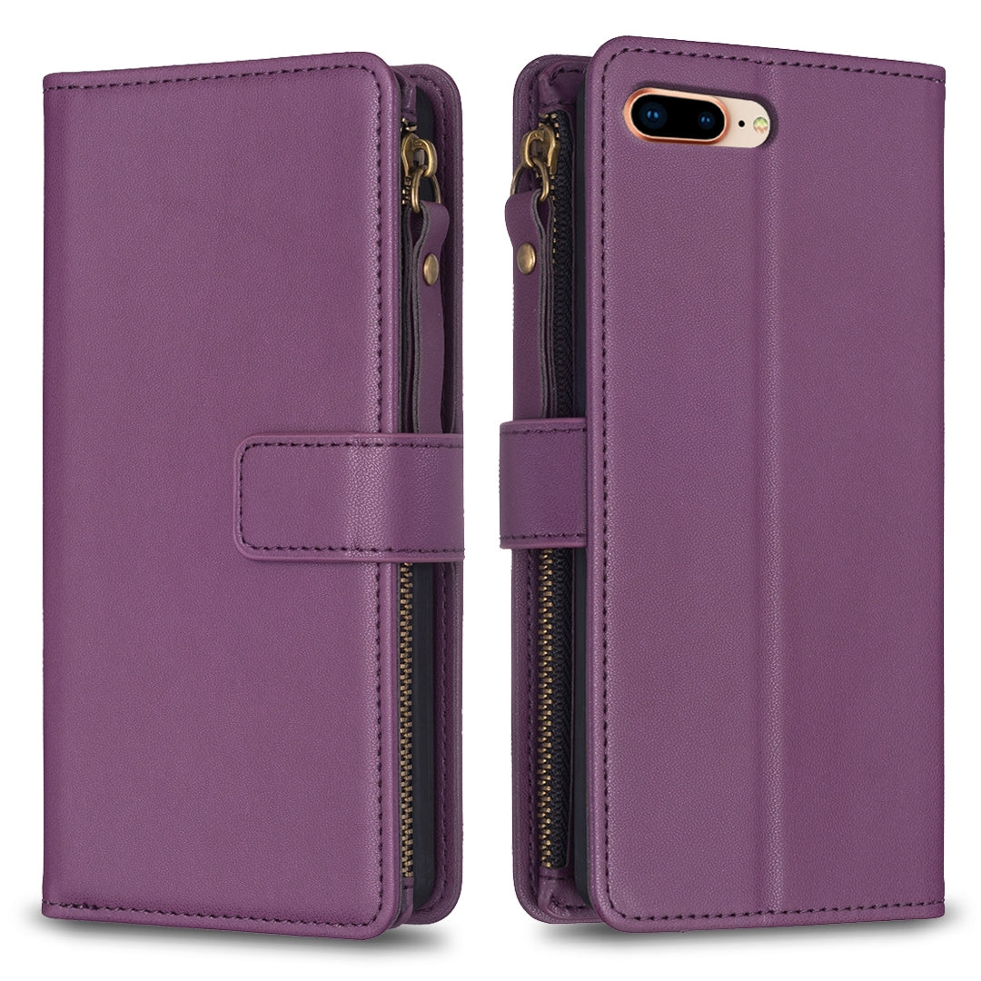 iPhone 8 Plus Leather Flip Phone Case with 9 Card Slots, Zipper Wallet & Detachable Wristlet Strap