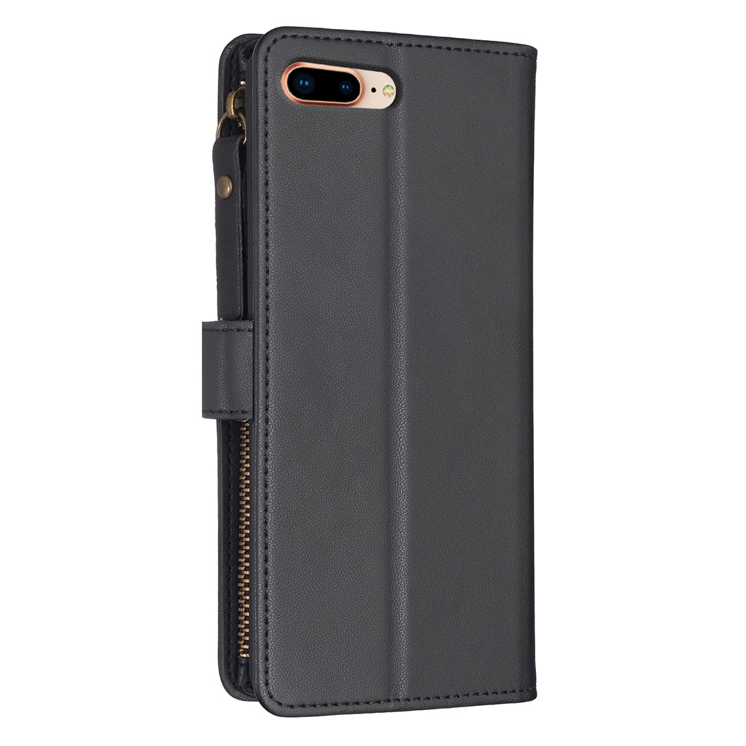 iPhone 7 Plus Leather Flip Phone Case with 9 Card Slots, Zipper Wallet & Detachable Wristlet Strap