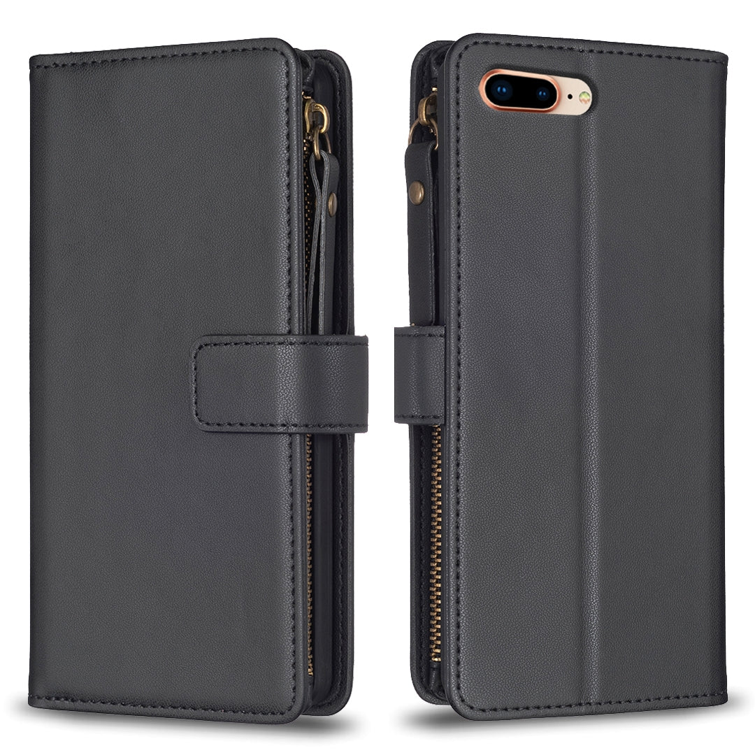 iPhone 8 Plus Leather Flip Phone Case with 9 Card Slots, Zipper Wallet & Detachable Wristlet Strap