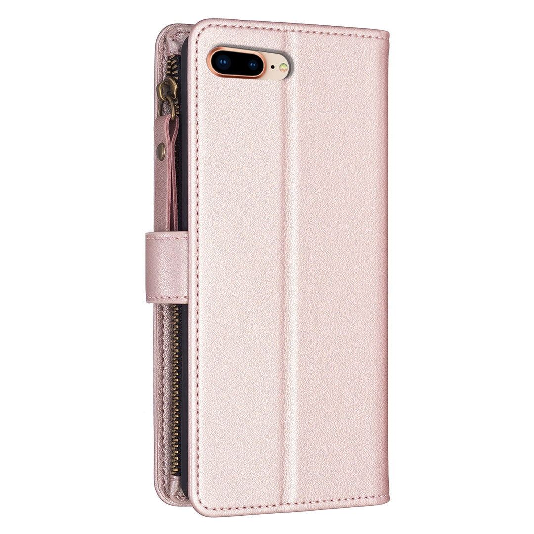 iPhone 7 Plus Leather Flip Phone Case with 9 Card Slots, Zipper Wallet & Detachable Wristlet Strap