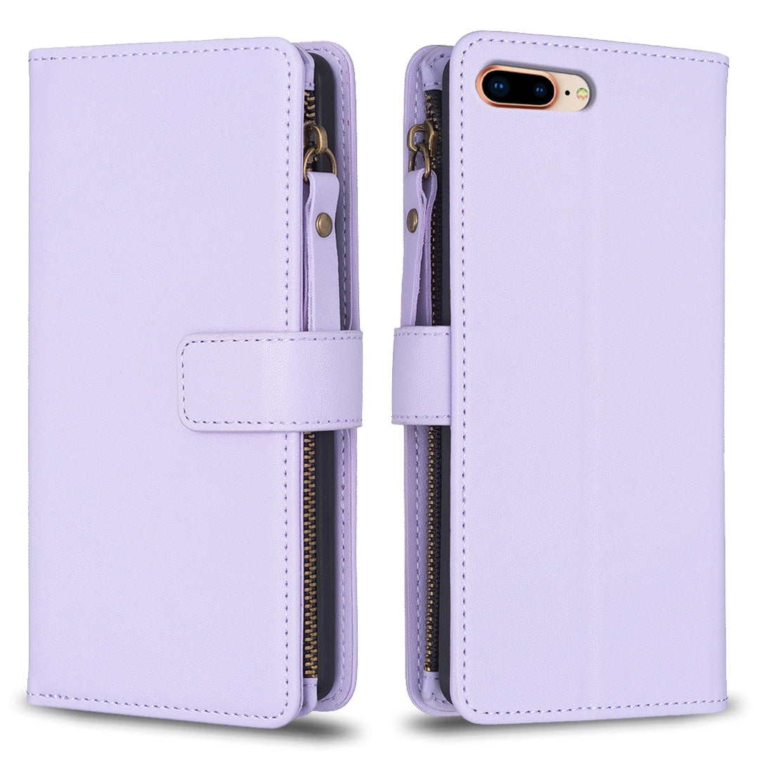iPhone 7 Plus Leather Flip Phone Case with 9 Card Slots, Zipper Wallet & Detachable Wristlet Strap
