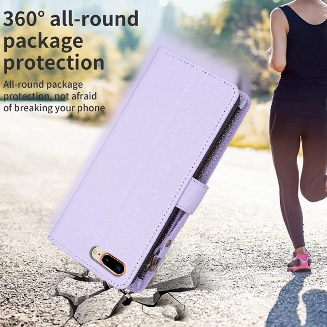iPhone 8 Plus Leather Flip Phone Case with 9 Card Slots, Zipper Wallet & Detachable Wristlet Strap