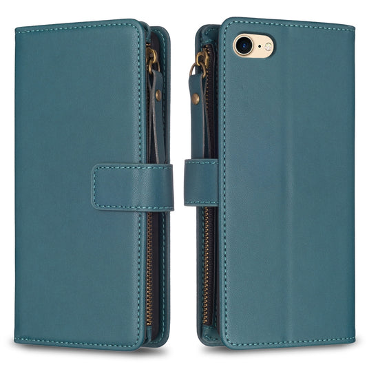 iPhone SE 2020 Leather Flip Phone Case with 9 Card Slots, Zipper Wallet & Detachable Wristlet Strap