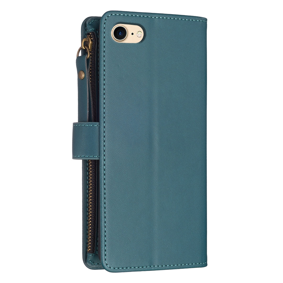 iPhone SE 2020 Leather Flip Phone Case with 9 Card Slots, Zipper Wallet & Detachable Wristlet Strap