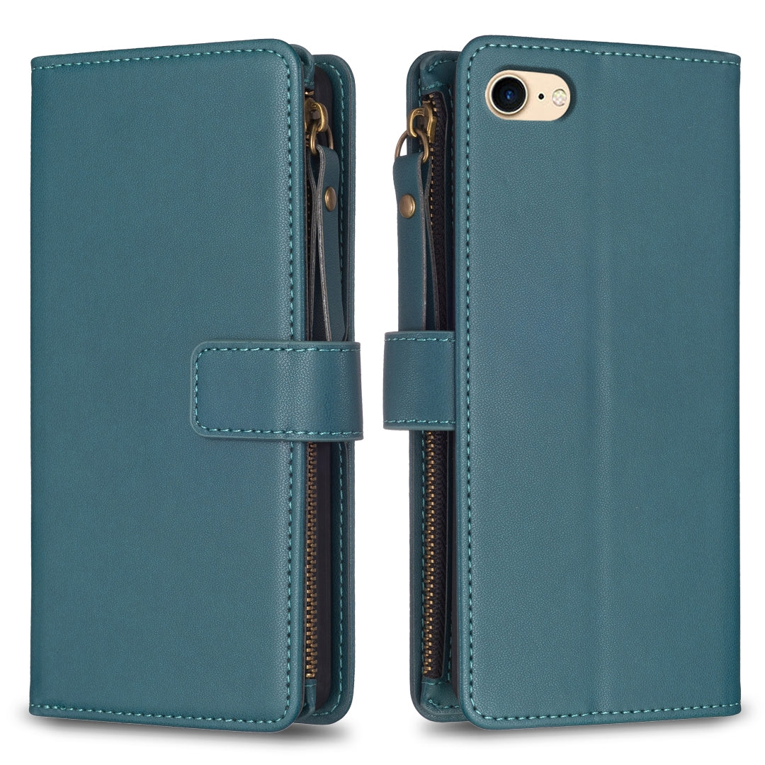 iPhone 8 Leather Flip Phone Case with 9 Card Slots, Zipper Wallet & Detachable Wristlet Strap