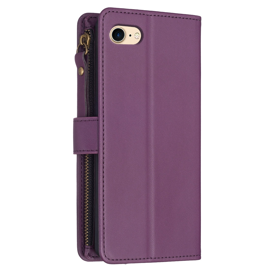 iPhone 8 Leather Flip Phone Case with 9 Card Slots, Zipper Wallet & Detachable Wristlet Strap