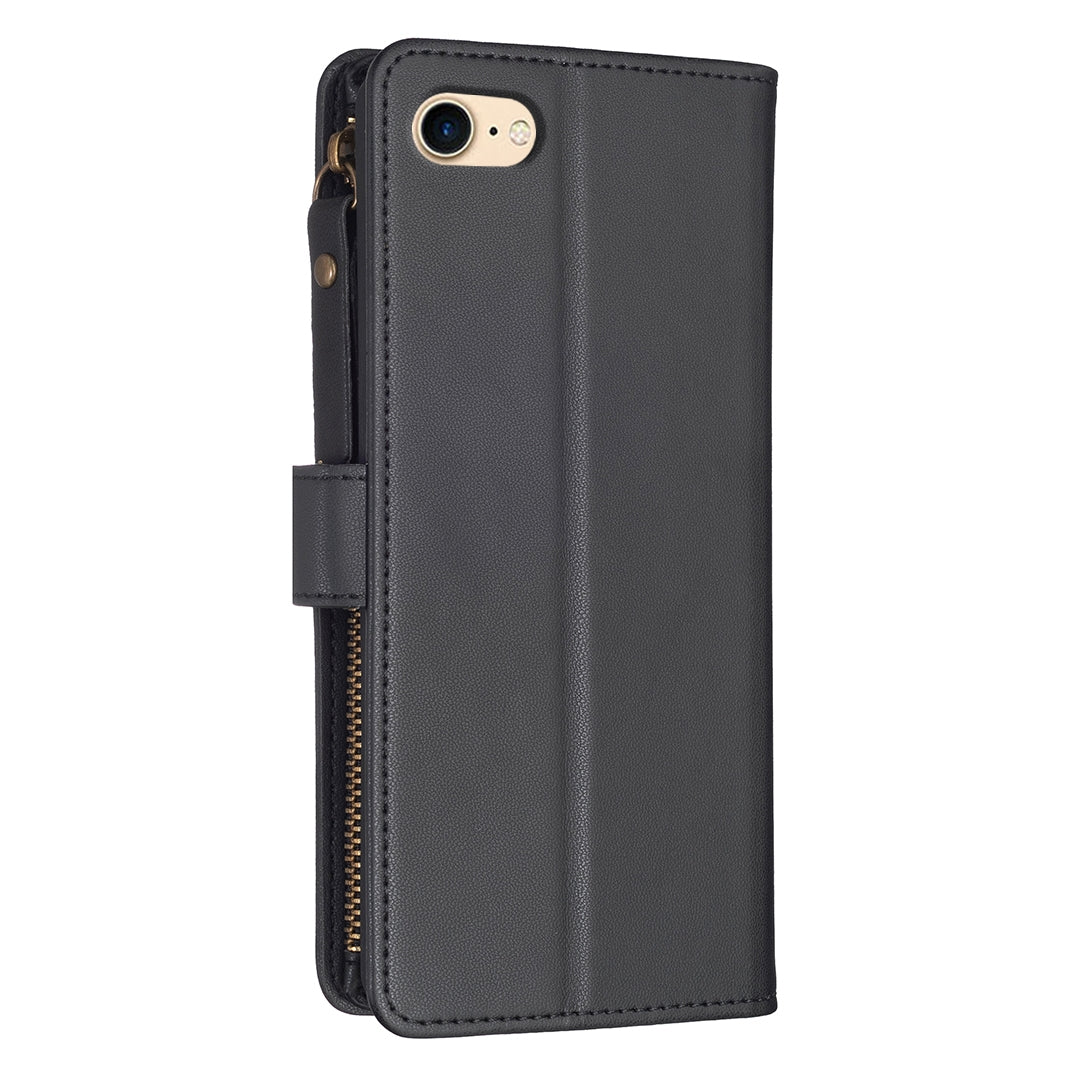 iPhone 7 Leather Flip Phone Case with 9 Card Slots, Zipper Wallet & Detachable Wristlet Strap