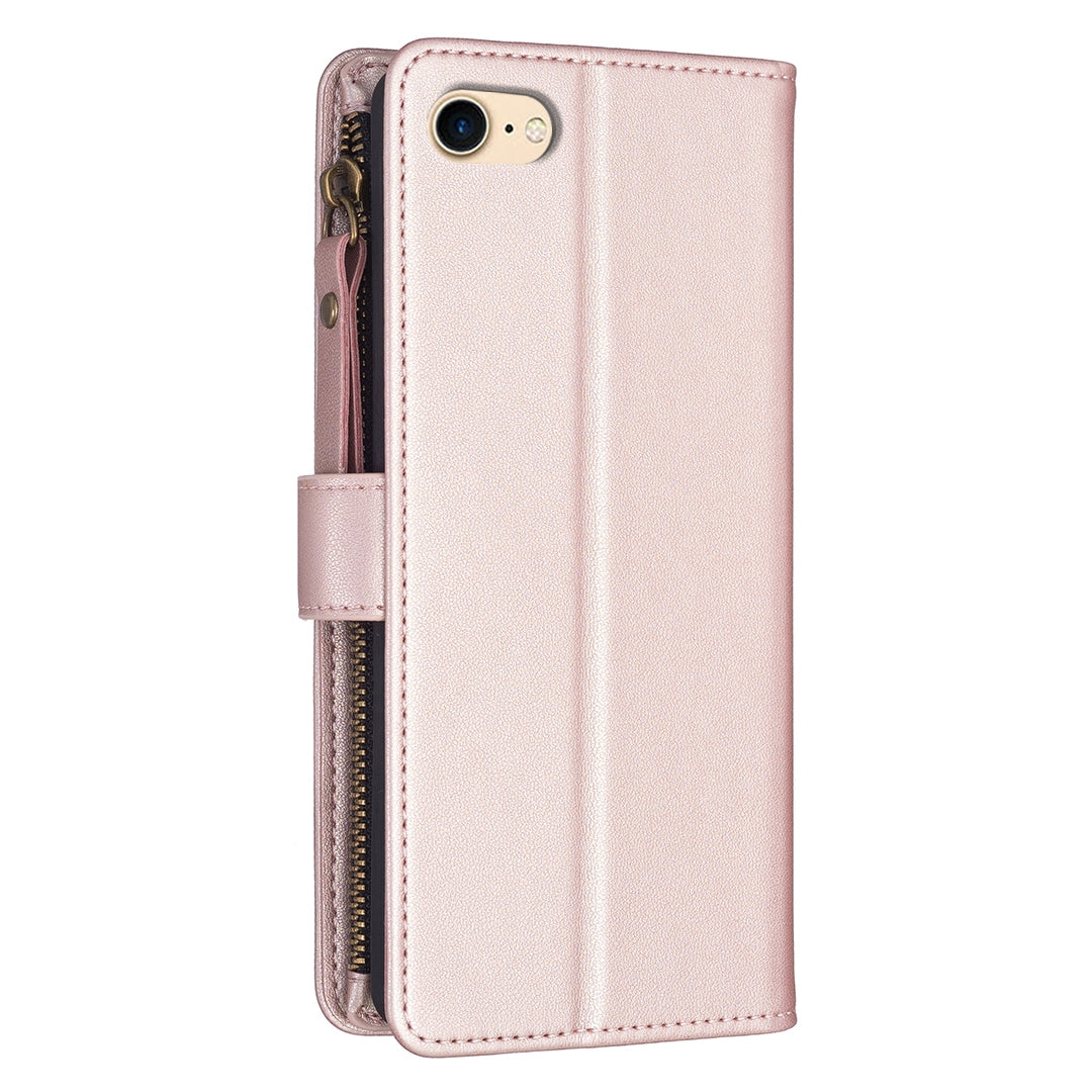 iPhone SE 2022 Leather Flip Phone Case with 9 Card Slots, Zipper Wallet & Detachable Wristlet Strap