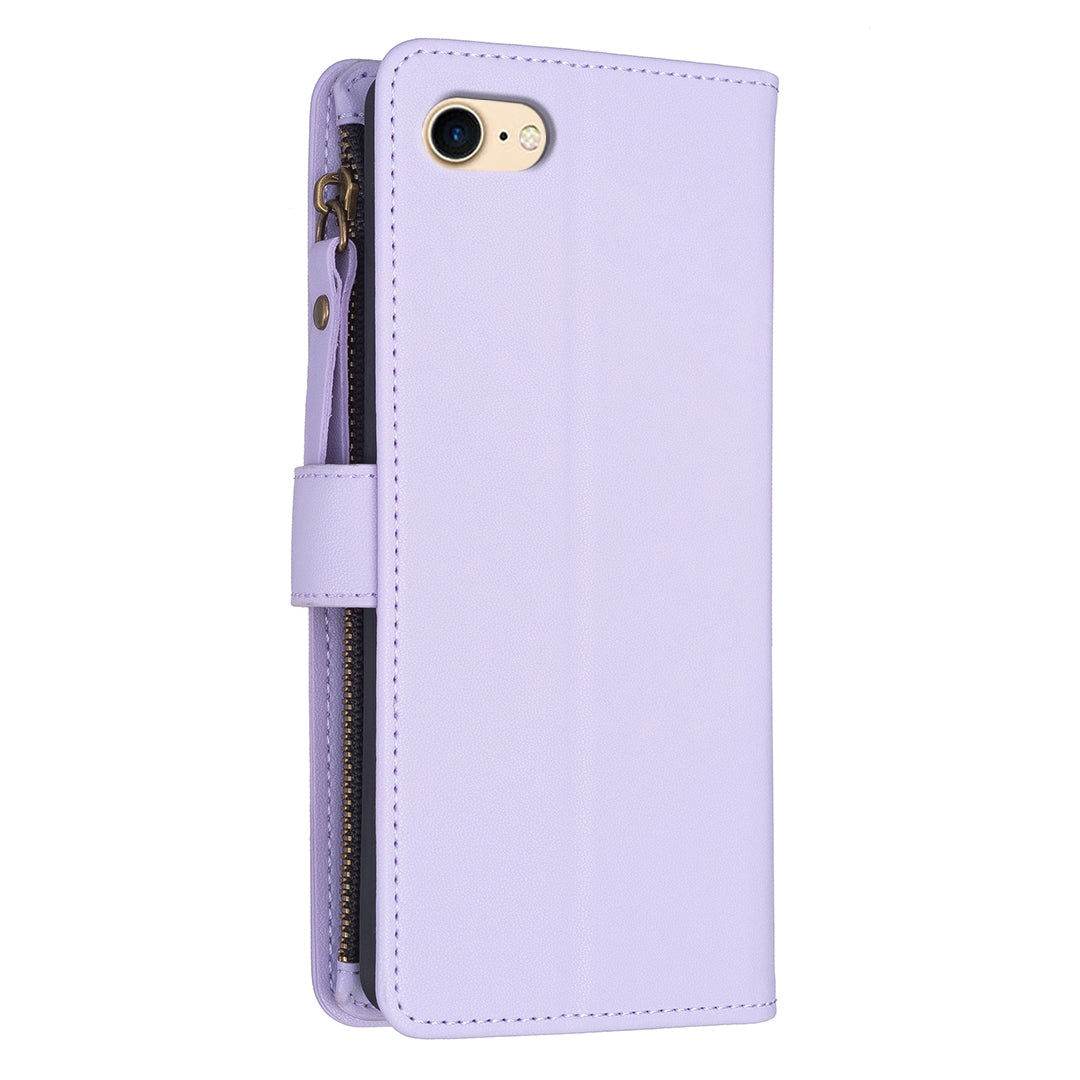iPhone 8 Leather Flip Phone Case with 9 Card Slots, Zipper Wallet & Detachable Wristlet Strap
