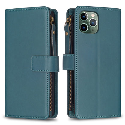 iPhone 11 Pro Leather Flip Phone Case with 9 Card Slots, Zipper Wallet & Detachable Wristlet Strap