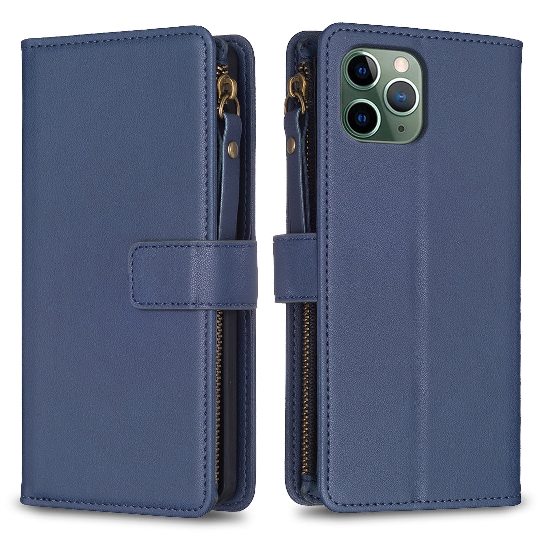 iPhone 11 Pro Leather Flip Phone Case with 9 Card Slots, Zipper Wallet & Detachable Wristlet Strap